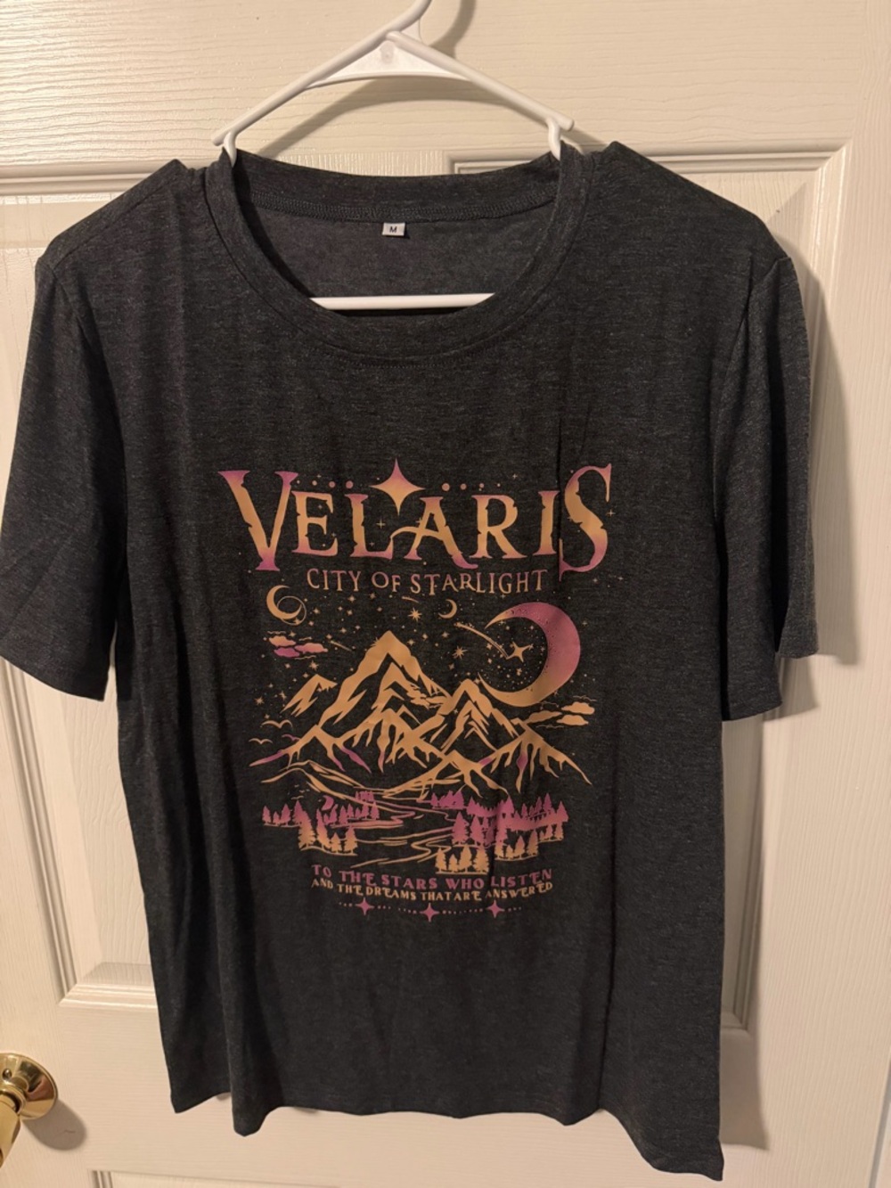 Velaris City of Starlight Graphic Tee - Charcoal with Pink & Gold Print